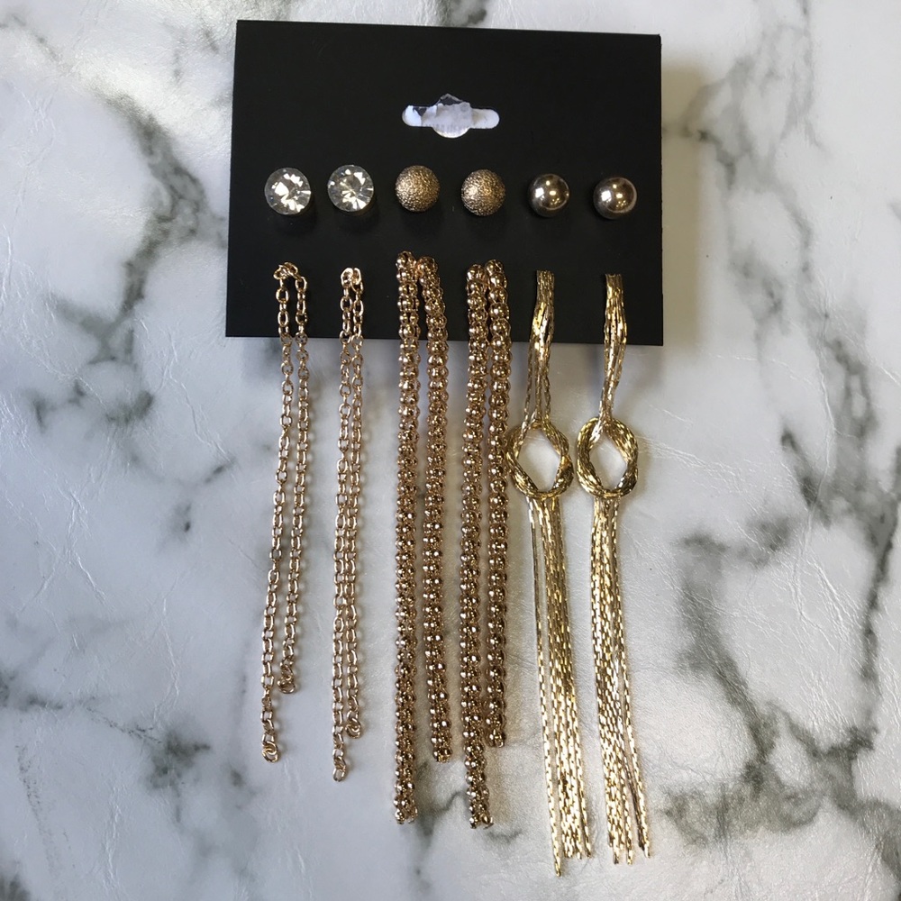 6 Piece Stud Drop Earrings Set Gold Silver Diamond - Picture 5 of 7